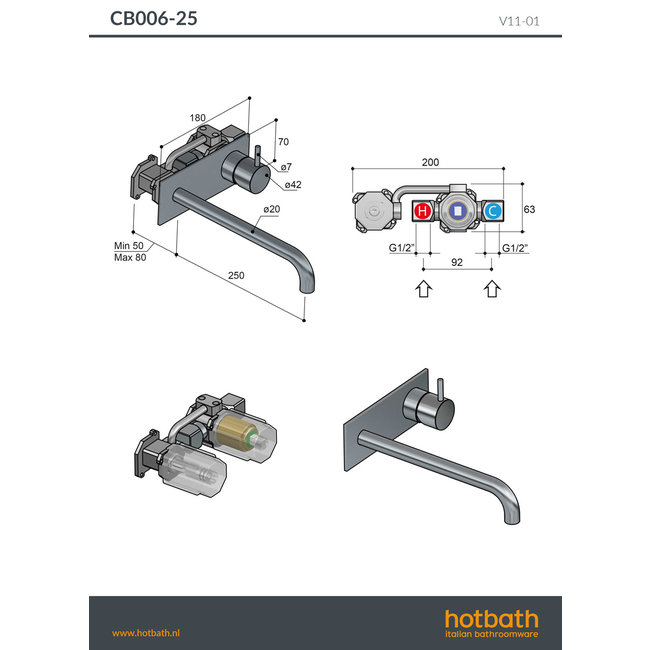 Hotbath Cobber CB106 inbouw wastafelkraan in 4 kleuren