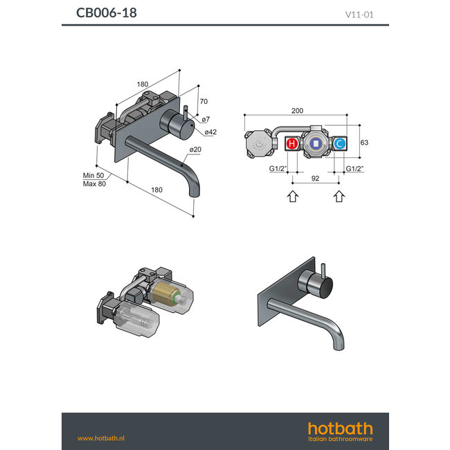 Hotbath Cobber CB106 inbouw wastafelkraan in 4 kleuren