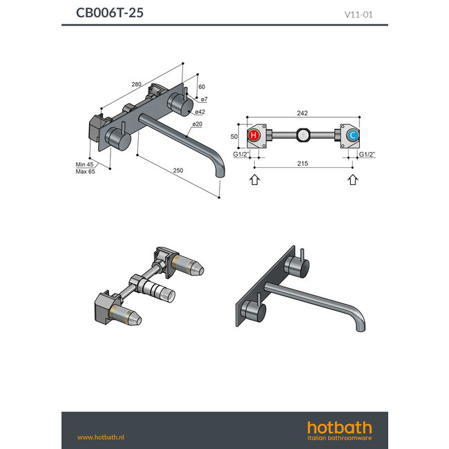 Hotbath Cobber CB006T inbouw wastafelkraan in 4  kleuren