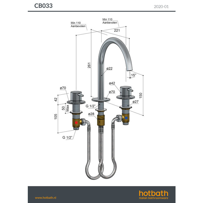 Hotbath Cobber CB033 3-gats wastafelkraan in 4 kleuren
