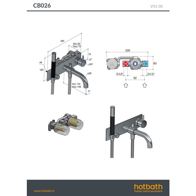Hotbath Cobber CB126 douche/badkraan met 1 stopkraan in 2 Living colours