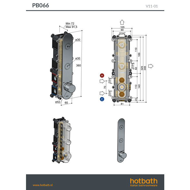 Hotbath Cobber PB066 douchethermostaat met 2 drukknoppen in 4 trendkleuren