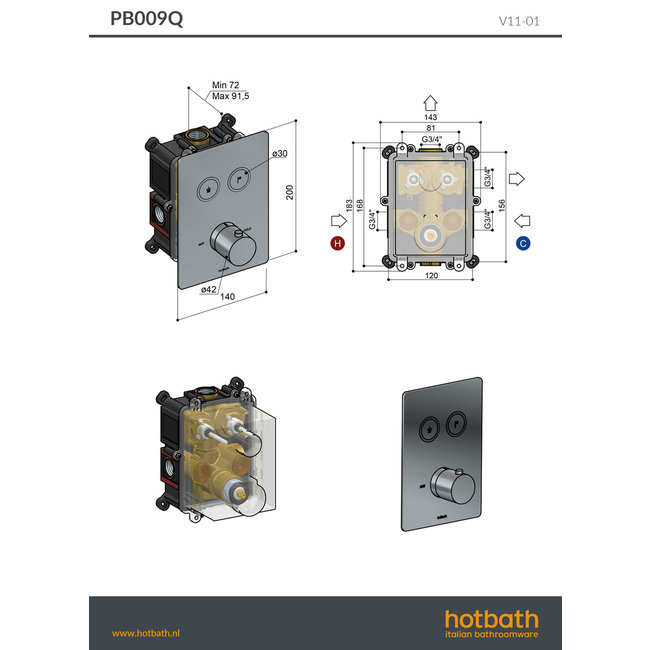 Hotbath Cobber PB009Q douchethermostaat met 2 drukknoppen in 2 Living colours