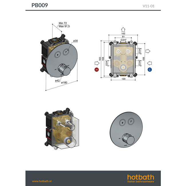 Hotbath Cobber PB009 douchethermostaat met 2 drukknoppen in 2 PVD kleuren