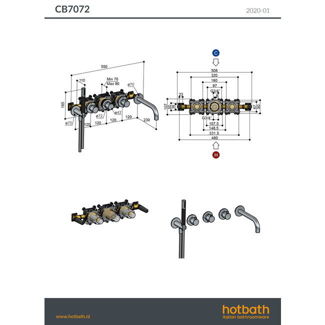 Hotbath Cobber CB7072 thermostaat 2 stopkranen en uitloop 2 Living colours
