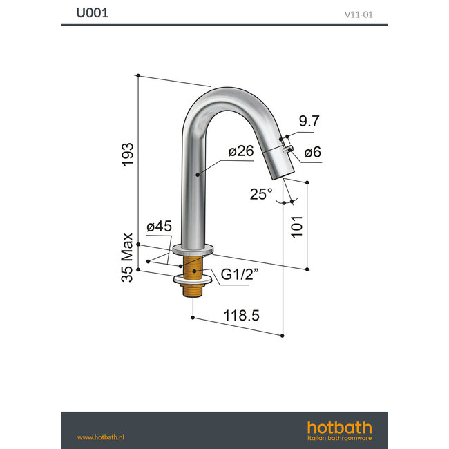 Hotbath Cobber U001 fonteinkraan 19,3 cm in 2 PVD kleuren