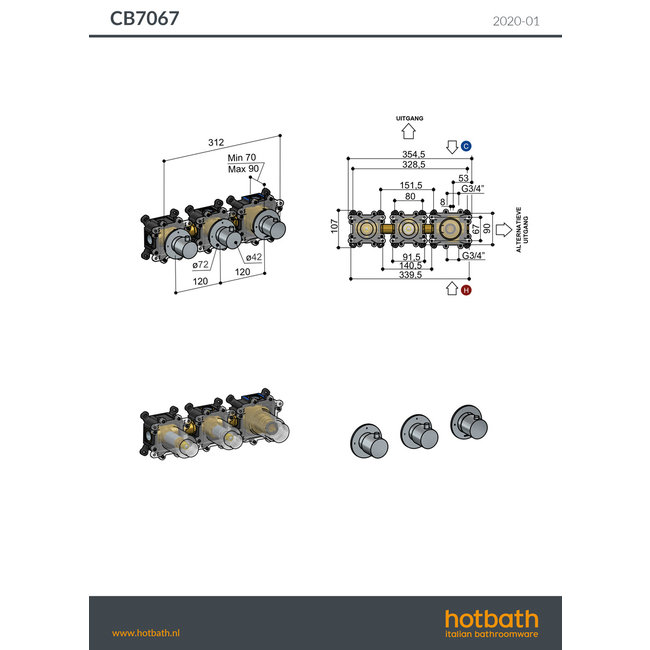 Hotbath Cobber CB7067 douchethermostaat met 2 stopkranen in 2 Living colours