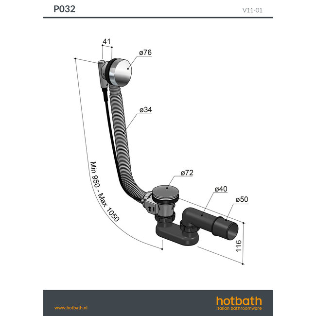 Hotbath Cobber P032 verlengde badoverloop in 2erschillende PVD kleuren