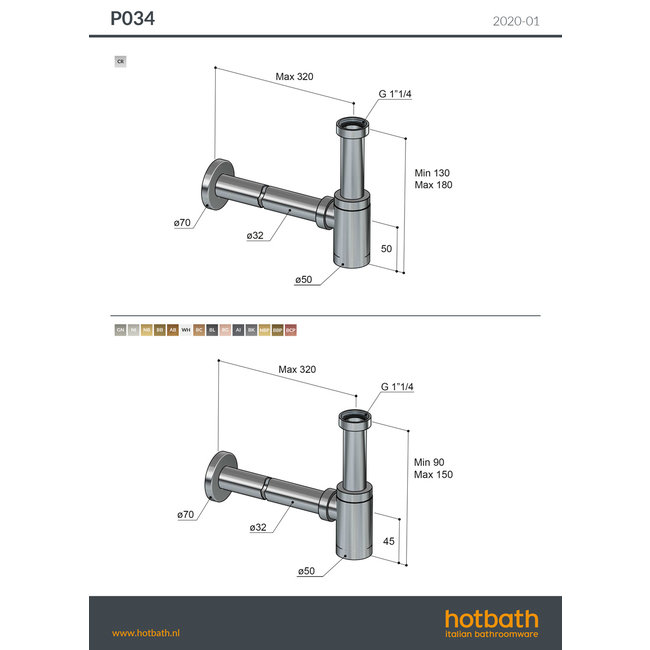 Hotbath P034 ronde design fonteinsifon in 5 PVD kleuren