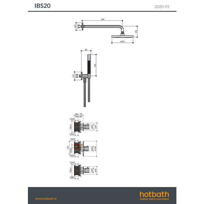 Hotbath Cobber IBS20 thermostatische douche inbouwset plafond in div. varianten