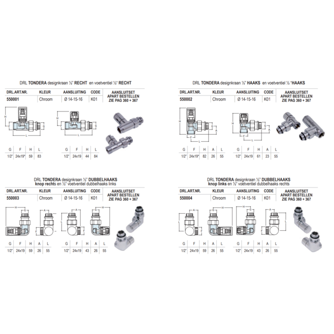 DRL Tondera chroom designkraan ½" recht, haaks of dubbelhaaks