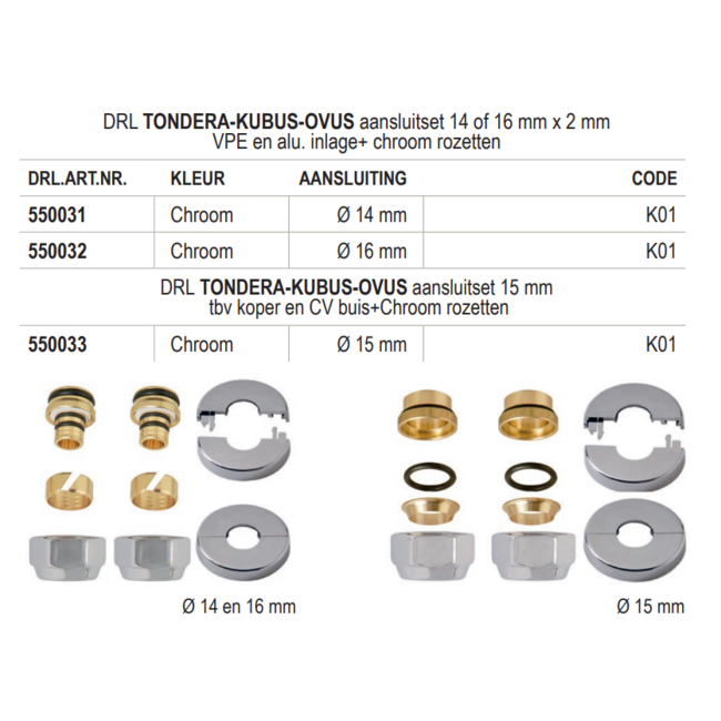 DRL aansluitset voor designkranen Tondera, Kubus, Ovus