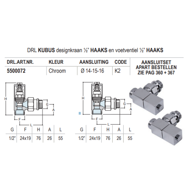 DRL Kubus designkraan ½" recht of haaks chroom