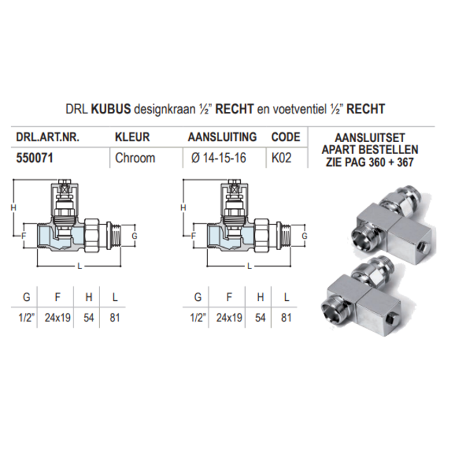 DRL Kubus designkraan ½" recht of haaks chroom