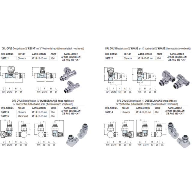 DRL Ovus designkraan ½" recht, haaks of dubbelhaaks