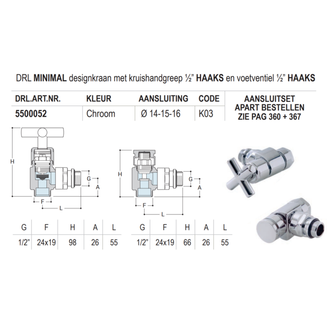 DRL Minimal designkraan ½" recht of haaks chroom