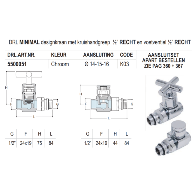 DRL Minimal designkraan ½" recht of haaks chroom