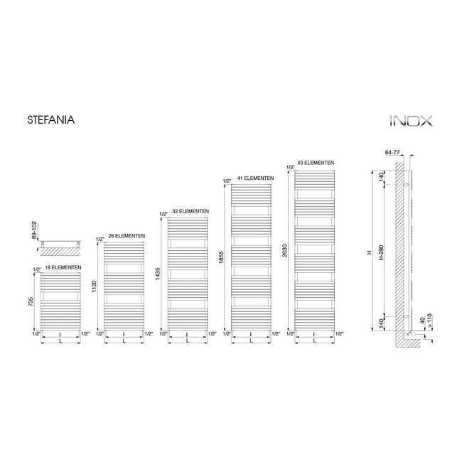 Cordivari badkamerradiator Stefania RVS in 3 afmetingen