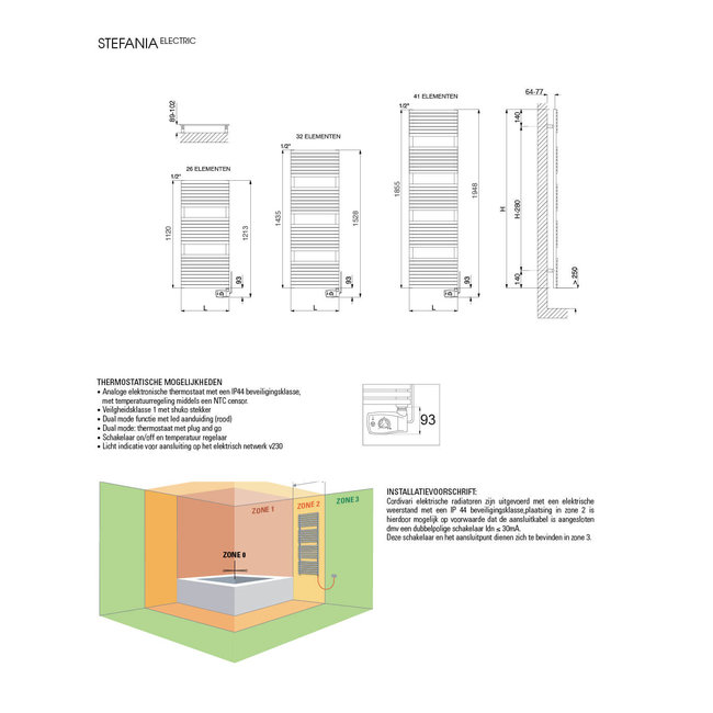 Cordivari elektrische radiator Stefania RVS in 3 afmetingen