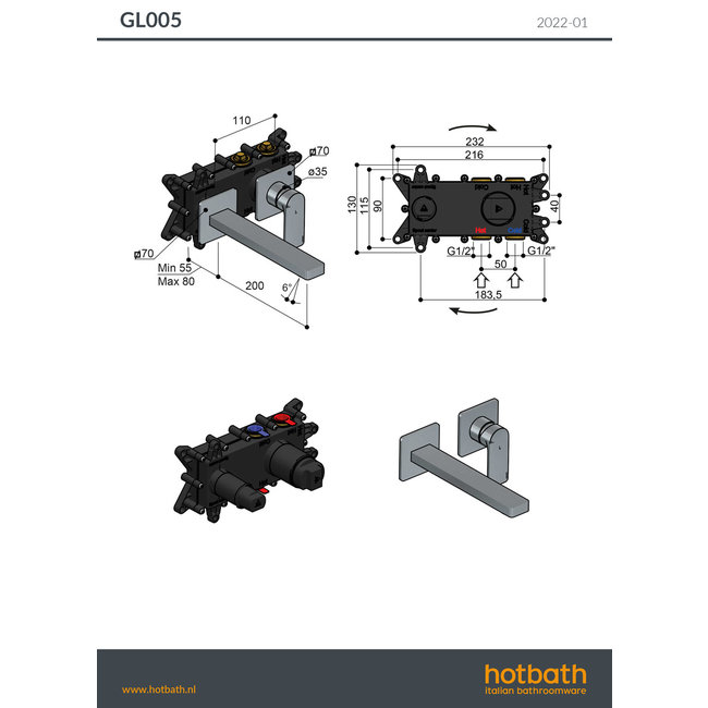 Hotbath Gal GL005 inbouw wastafelkraan 4 inbouwmogelijkheden
