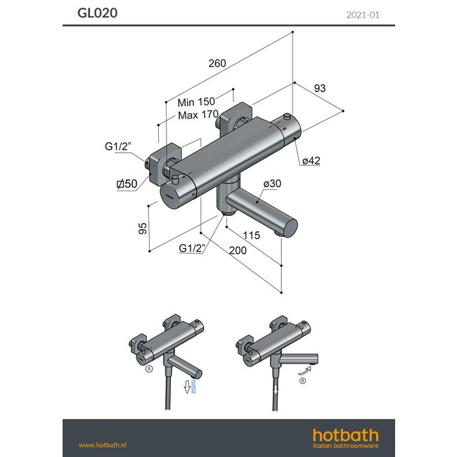 Hotbath Gal GL020 thermostatische badkraan draaibare omstel uitloop