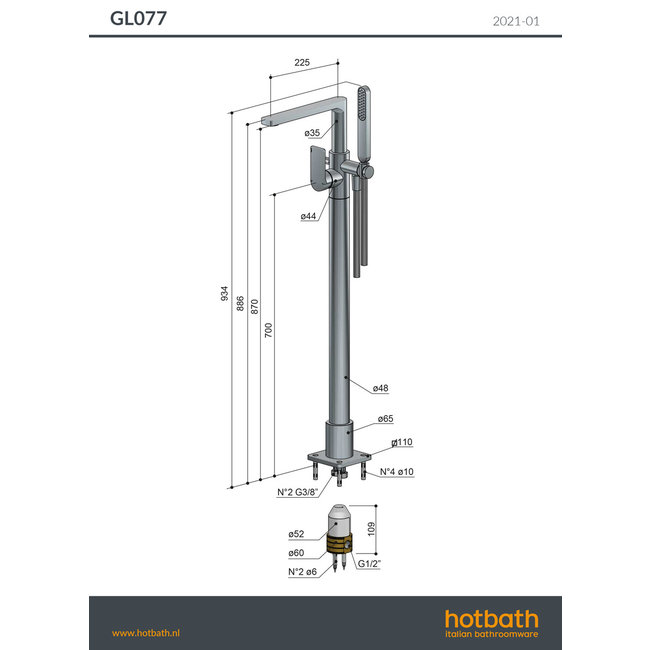Hotbath Gal GL077  vrijstaande badkraan met draaibare uitloop