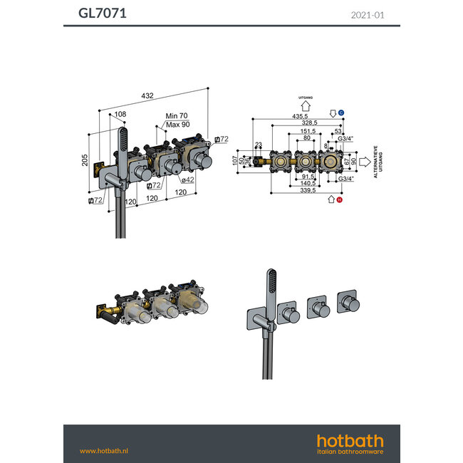 Hotbath Gal GL7071 bad/douche thermostaat met 2 stopkranen zonder uitloop