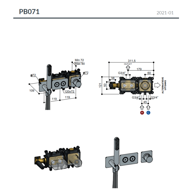 Hotbath Gal PB7071 bad/douche thermostaat met 2 stopkranen zonder uitloop