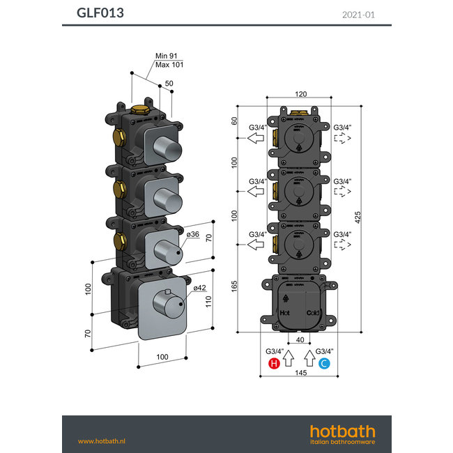 Hotbath Gal GLF013 High Flow thermostaat met 3 stopkranen