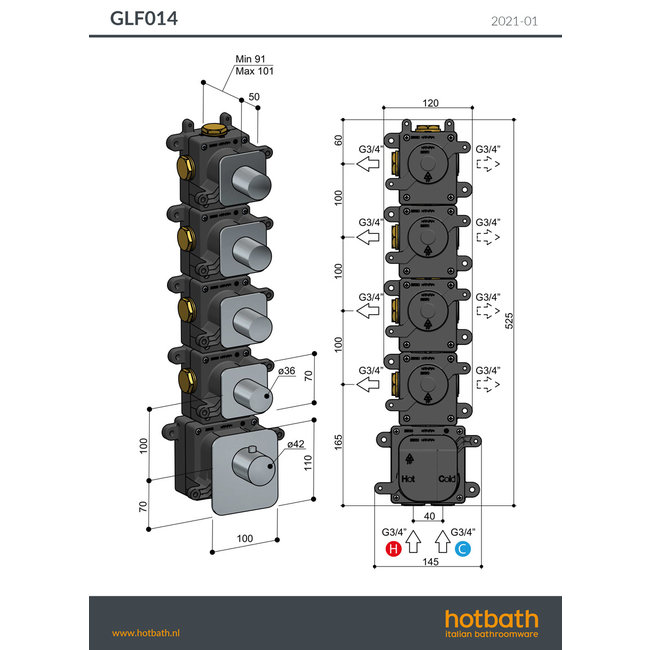 Hotbath Gal GLF014 High Flow thermostaat met 4 stopkranen