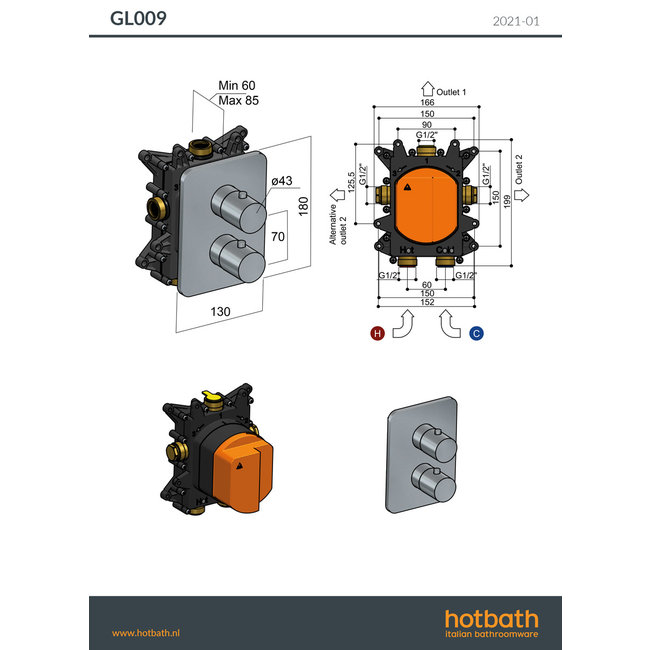Hotbath Gal GL009 inbouw thermostaat met 2-weg stop-omstel