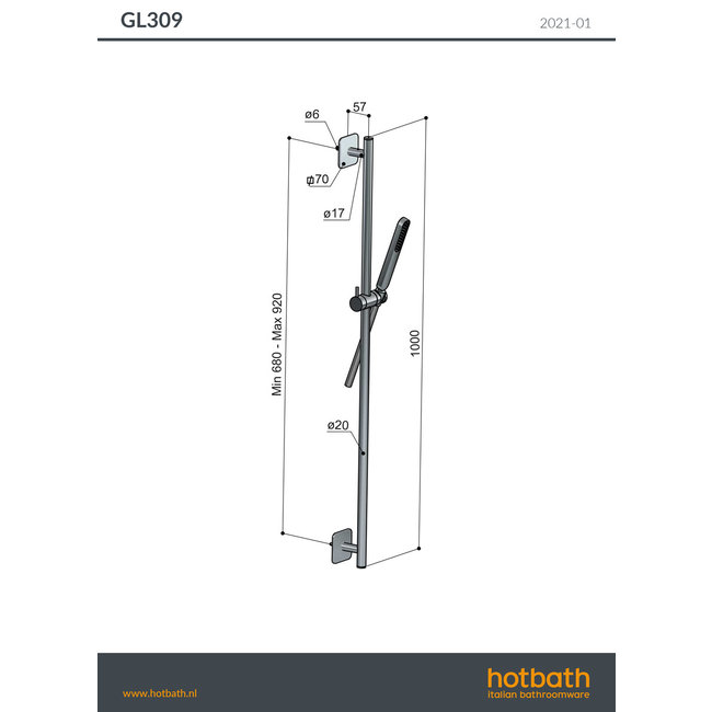 Hotbath Gal GL309 glijstang, doucheslang en handdouche
