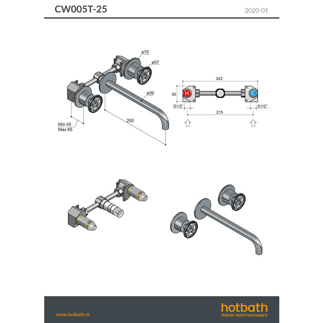 Hotbath Cobber @work CW005T inbouw wastafelkraan in 4 kleuren