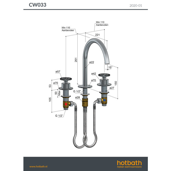 Hotbath Cobber @work CW033 3-gats wastafelkraan in 4 kleuren