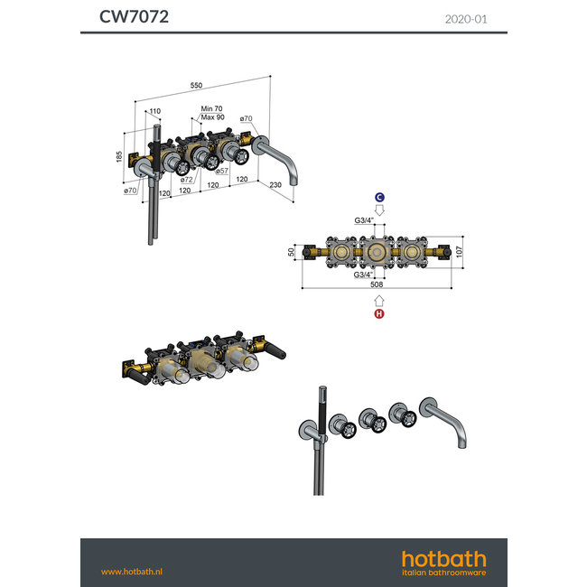 Hotbath Cobber @work CW7072 thermostaat 2 stopkranen en uitloop