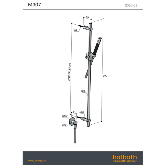 Hotbath Cobber M307 glijstang, doucheslang en handdouche met PVD finish