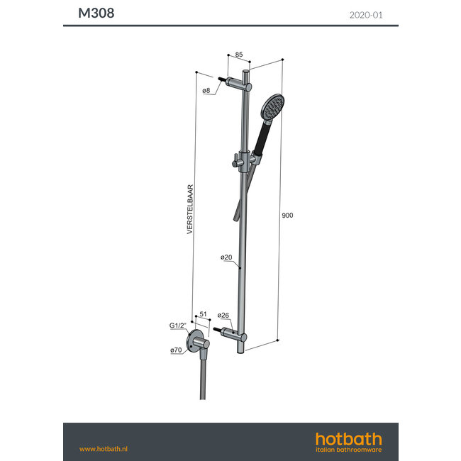 Hotbath Cobber M308 glijstang, doucheslang en ronde handdouche met Living colour finish