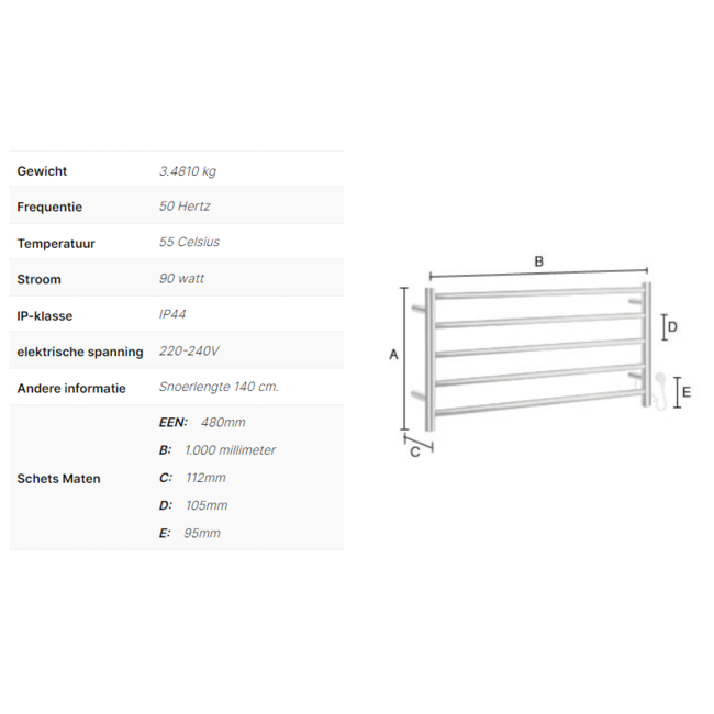 Smedbo Dry FK702 elektrische badkamerradiator Wide gepolijst RVS