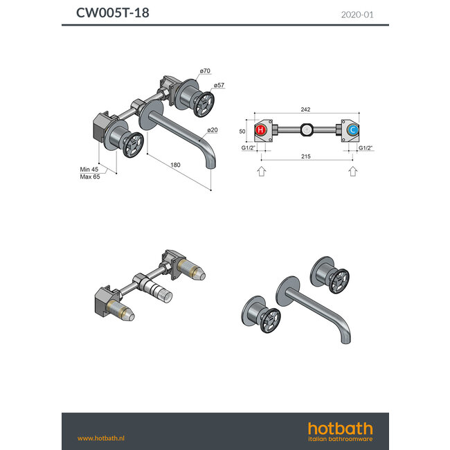 Hotbath Cobber @work CW005T inbouw wastafelkraan in 4 kleuren