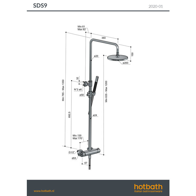 Hotbath Cobber thermostatische doucheset opbouw PVD finish