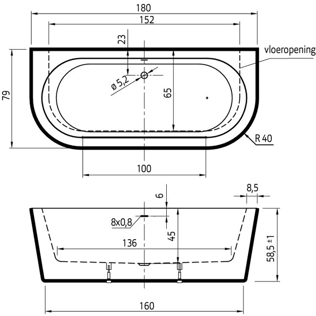 Xenz Charley acryl half vrijstaand bad 180x80x60 wit (glans)
