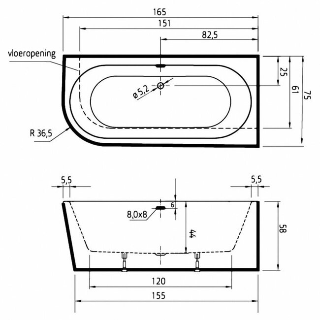 Xenz Charley XS acryl hoekbad 165x75x58 cm rechts wit (mat)