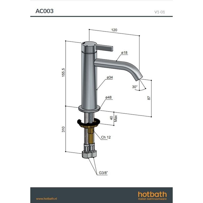 Hotbath Ace AC003 wastafelkraan 6 kleuren