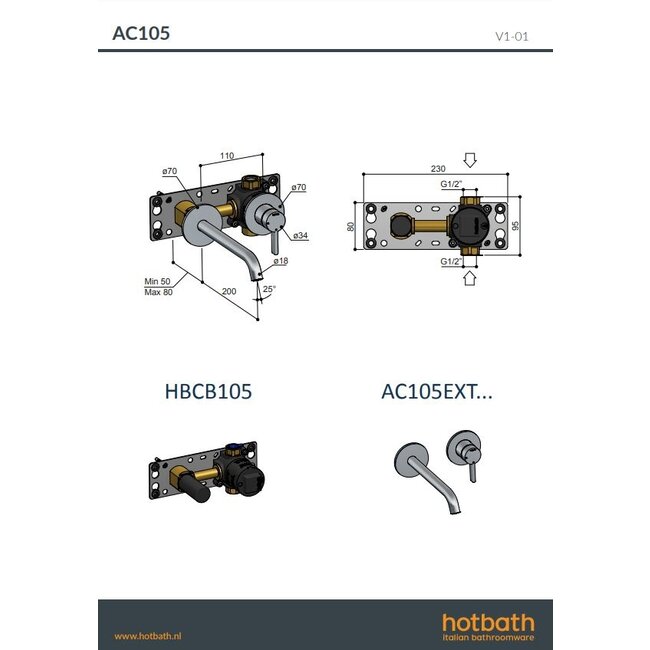 Hotbath Ace AC005 inbouw wastafelkraan in 6 kleuren