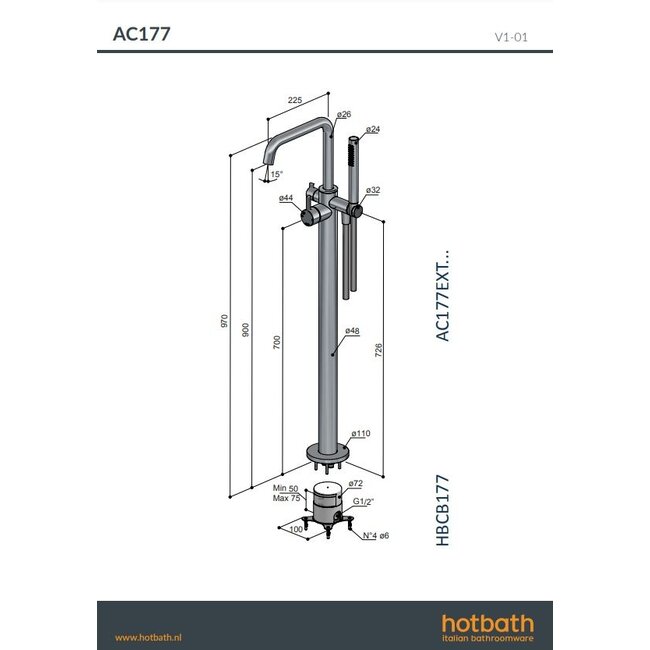 Hotbath Ace AC177 vrijstaande badkraan met draaibare uitloop 6 kleuren
