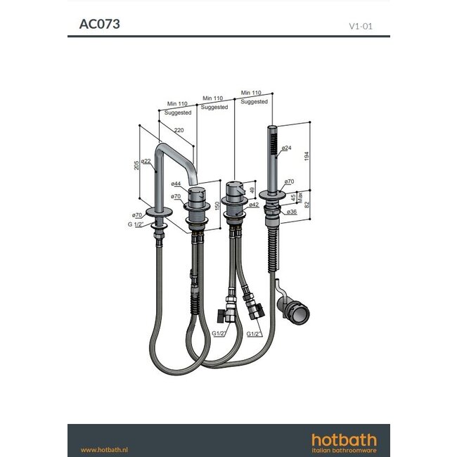 Hotbath Ace AC073 badrandcombinatie met 2-weg omstel in 6 kleuren