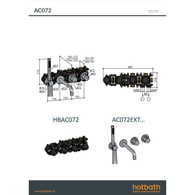 Hotbath Ace AC072 thermostaat 2-weg omstel met uitloop 6 kleuren