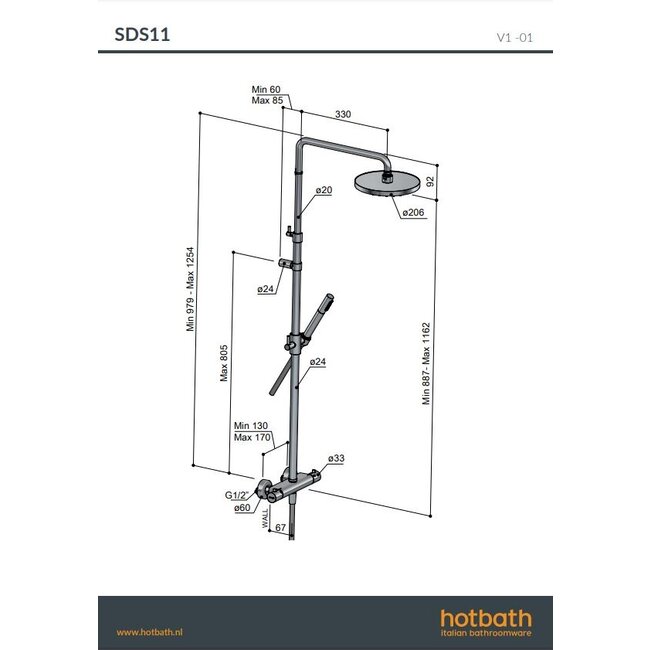 Hotbath Ace thermostatische doucheset opbouw