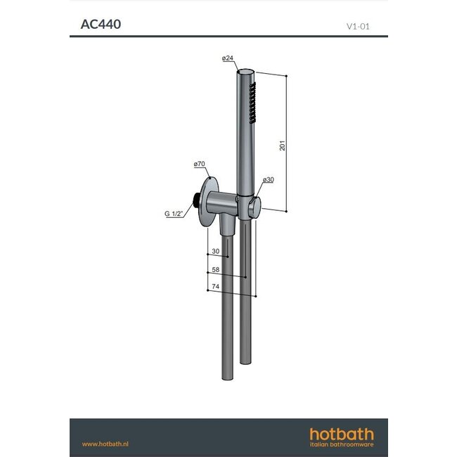 Hotbath Ace AC440 handdouche incl. wanduitlaat met steun en doucheslang 6 kleuren