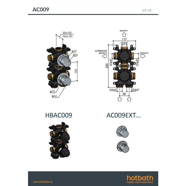 Hotbath Ace AC009 inbouw thermostaat met 2-weg omstel in 6 kleuren